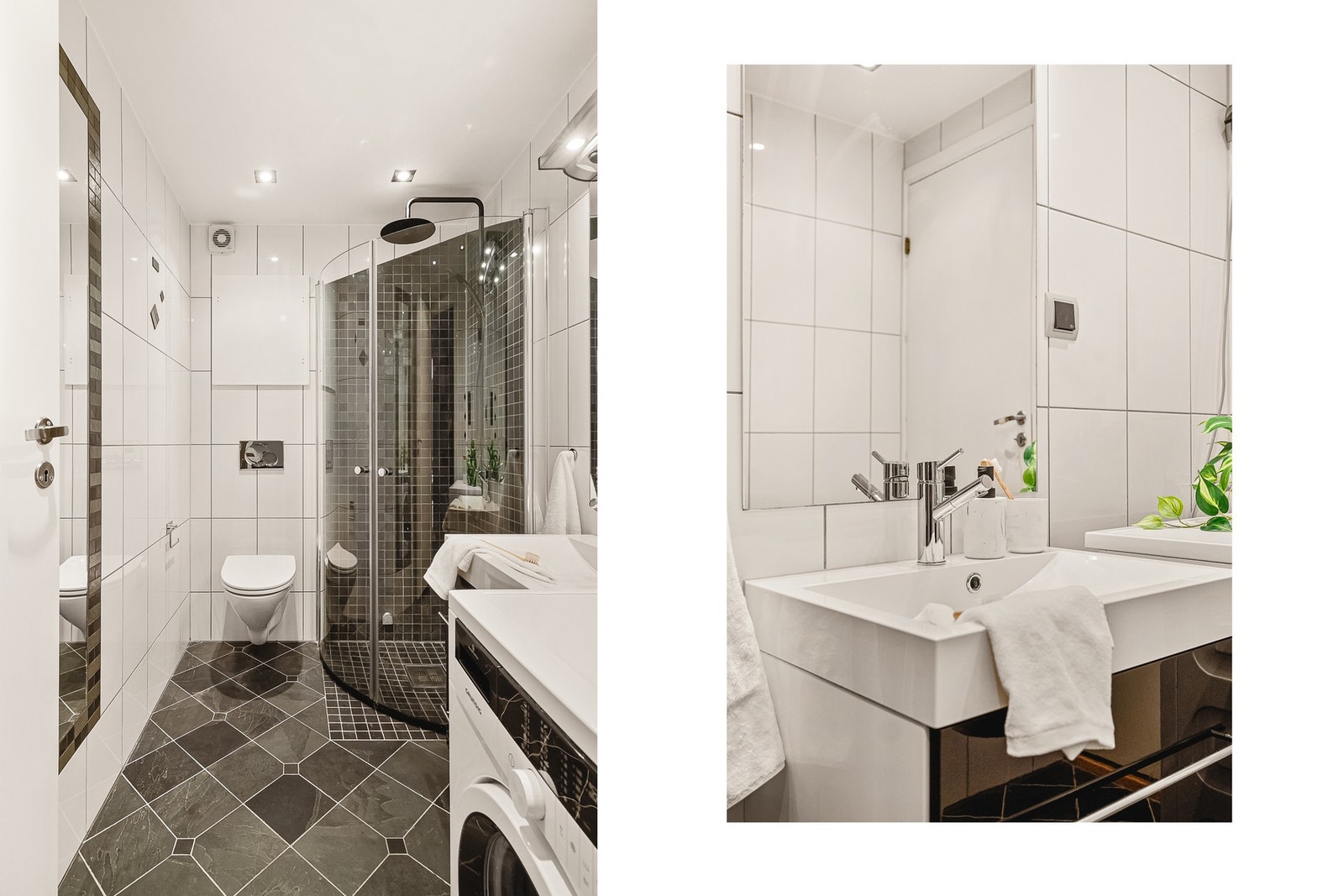 Flislagt bad varme i gulv. Det er opplegg for vaskemaskin Galleribilde