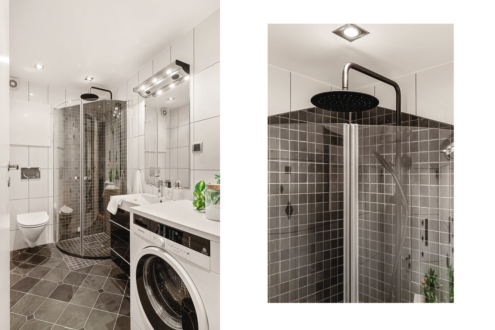 Badet inneholder innredning med servant, dusjhjørne, toalett, speil og belysning Galleribilde