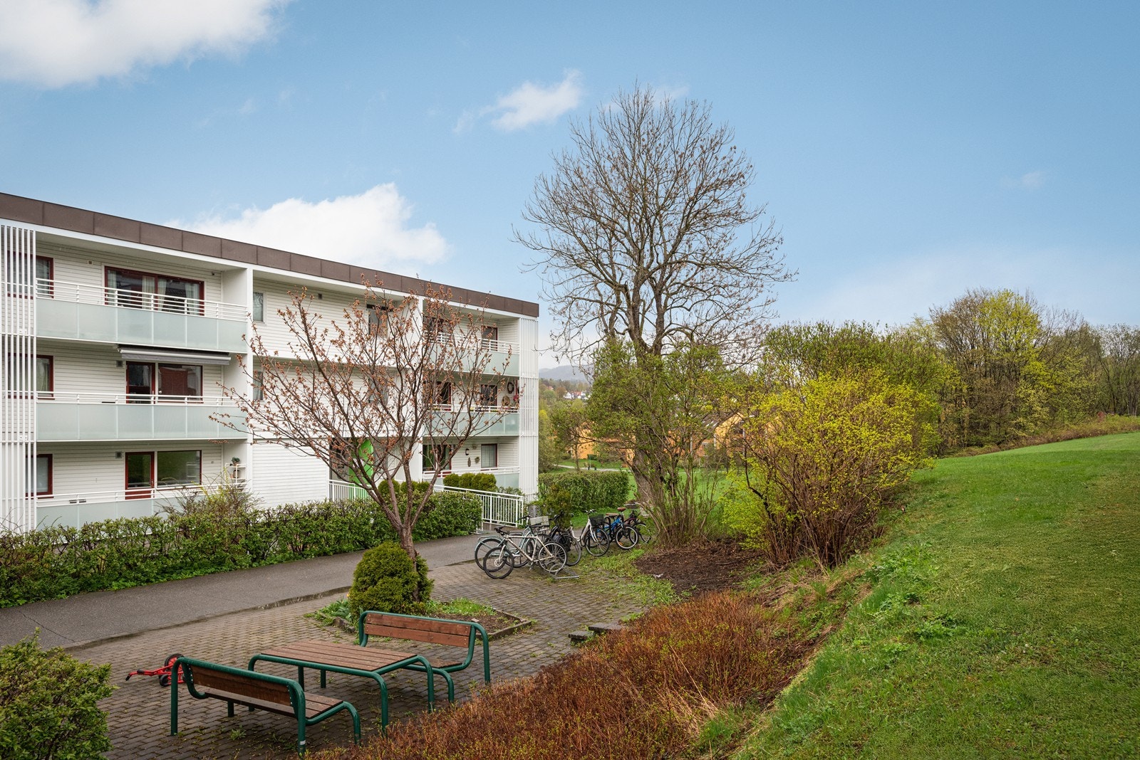 Pent opparbeidede fellesarealer med plen og sittegrupper Galleribilde