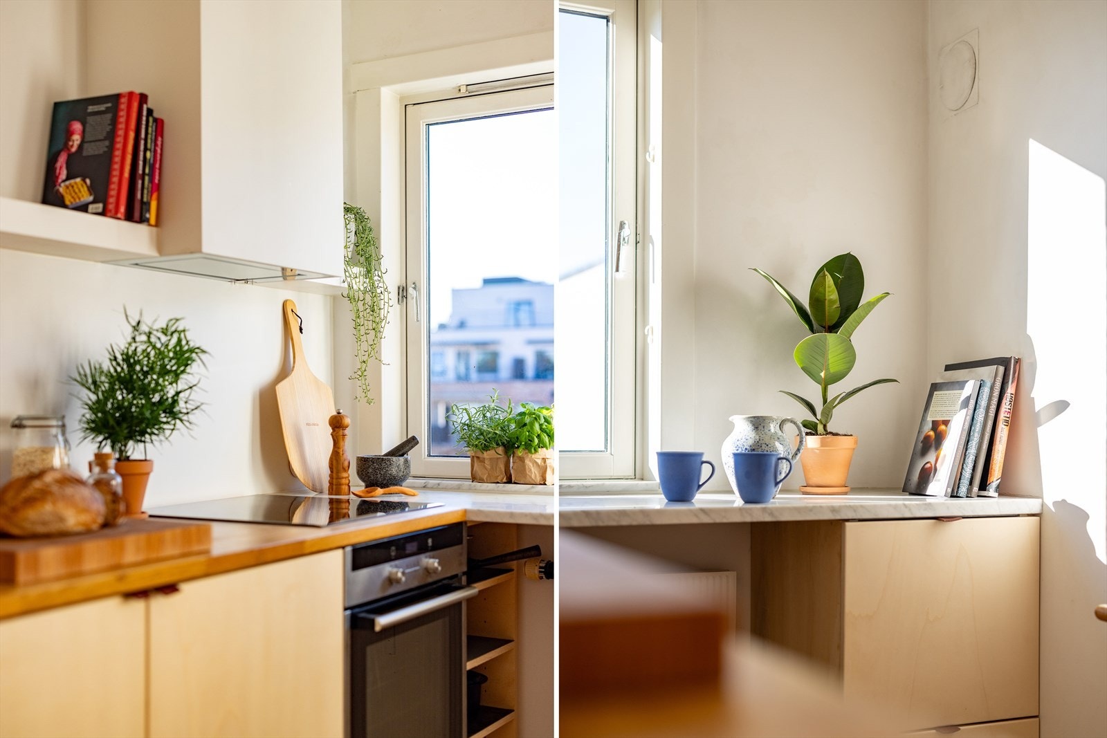 Smakfull design med håndtak i lær og benkeplate i marmor og eik. Galleribilde