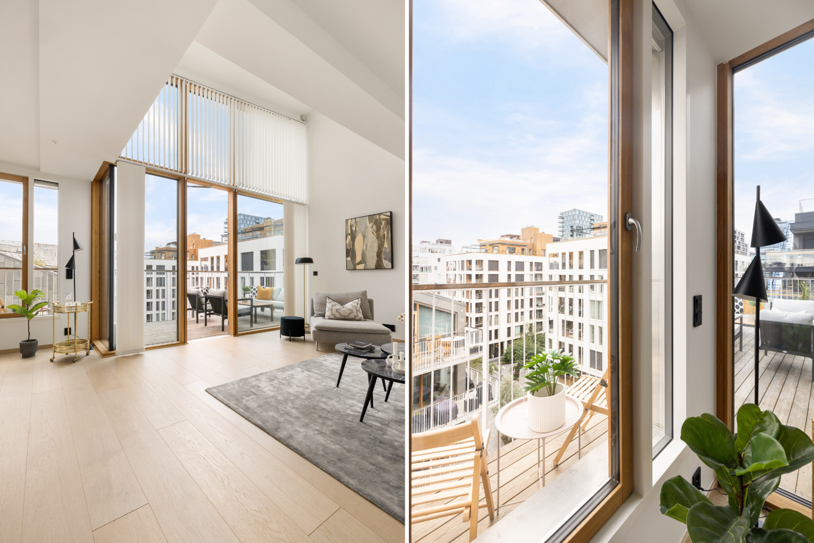 Lys og bred eiekparkett og lister i eik rundt vinduer. Galleribilde