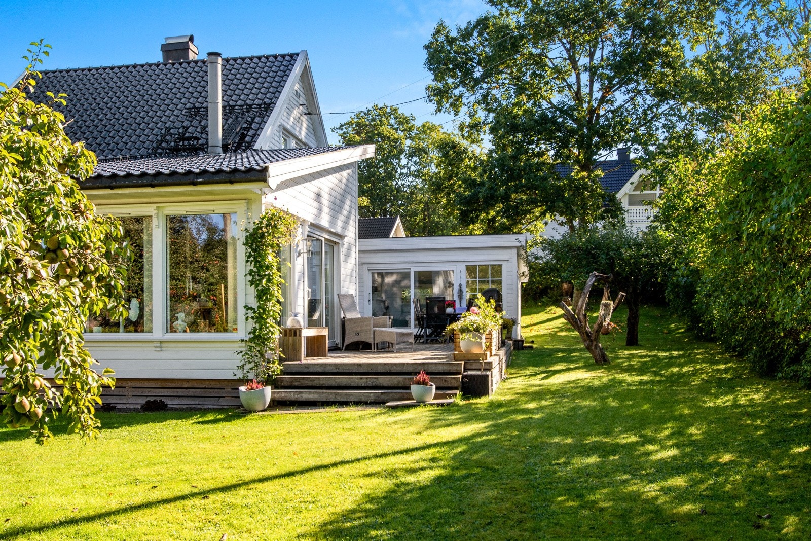 Tomten er på over 1,6 mål, opparbeidet med gressplen, hekk, epletrær og diverse beplantning. Galleribilde