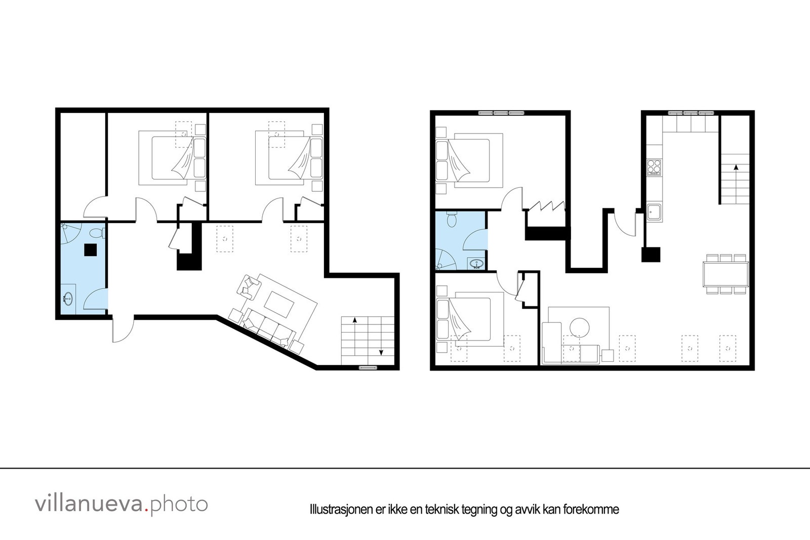 Plantegninger 4. og 5.. etasje slik boligen fremtår i dag. Tegningen er ikke teknisk, og avvik forekommer. Galleribilde