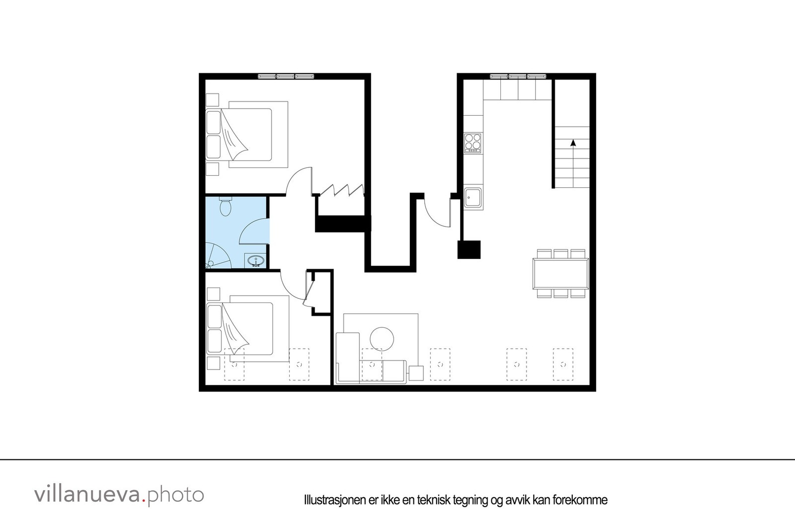 Planløsning 5. etasje. Tegningen er ikke teknisk, og avvik forekommer. Galleribilde