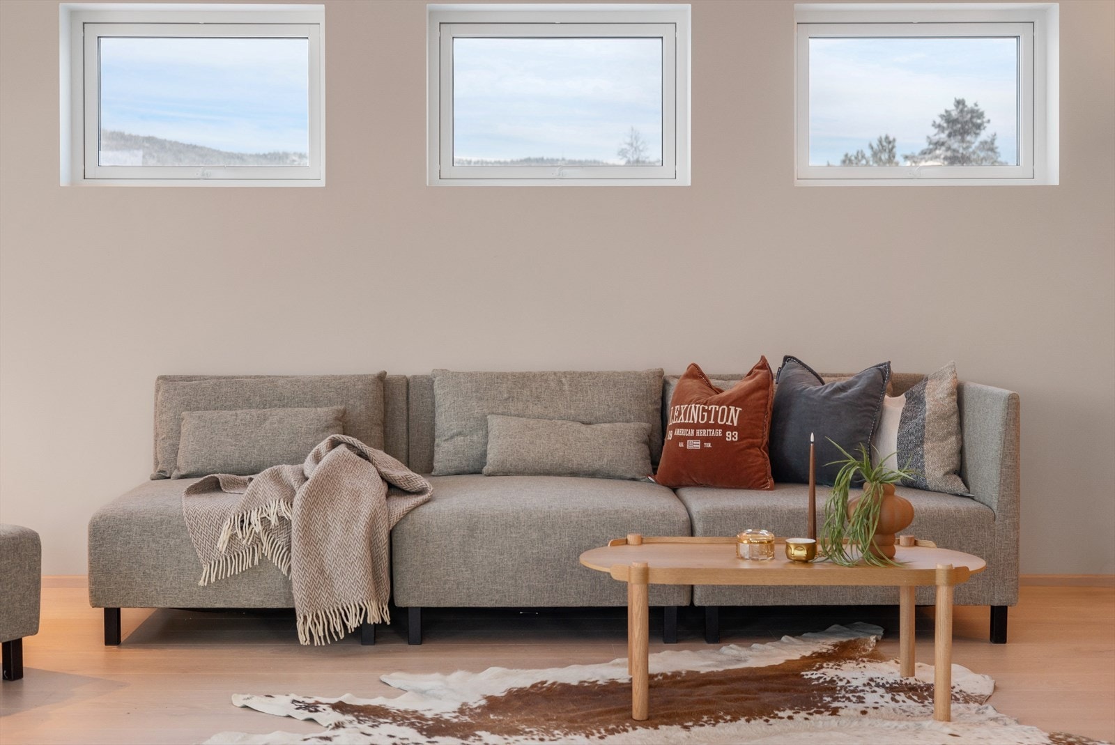 Vinduene som er plassert over sofaen, gir en meget fin lysinngang på kveldstid. Da spesielt om sommeren, da kveldssolen titter inn her. Galleribilde