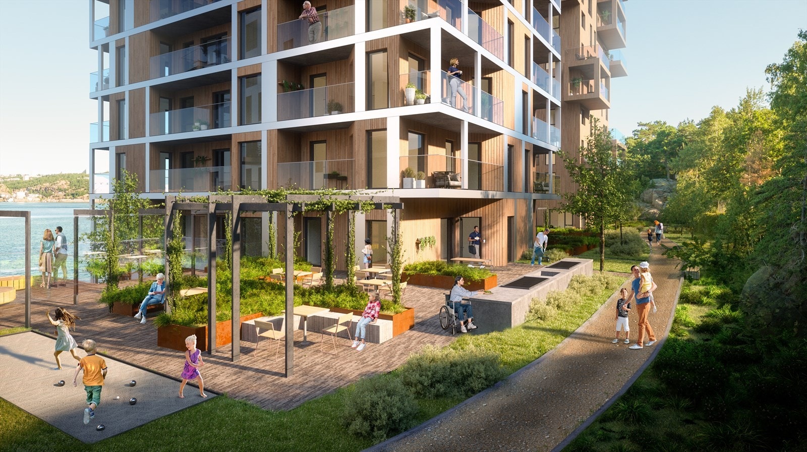 Utenfor fellesområdet i midtre bygg opparbeides pergola, sitteplasser og en lang benk for grill og servering I forlengelsen av dette arealet.jpg Galleribilde