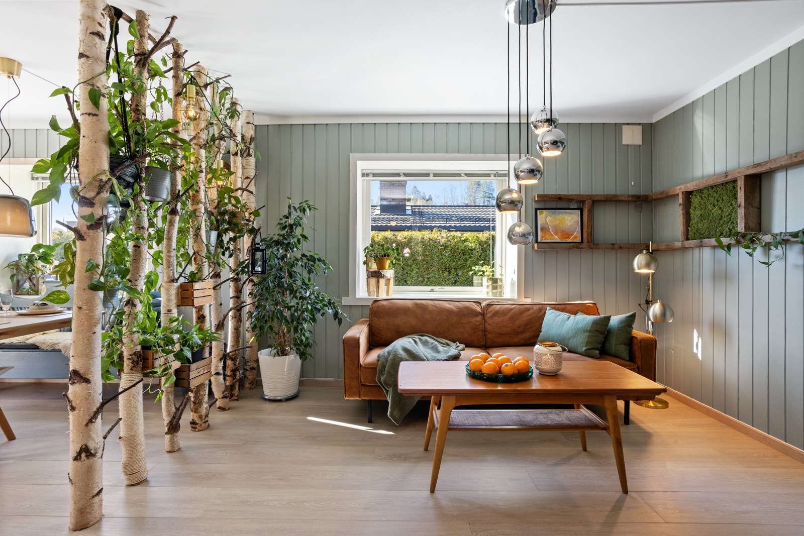 Sofakrok adskilt fra spisestuen med bjørkestammer som en original detalj Galleribilde