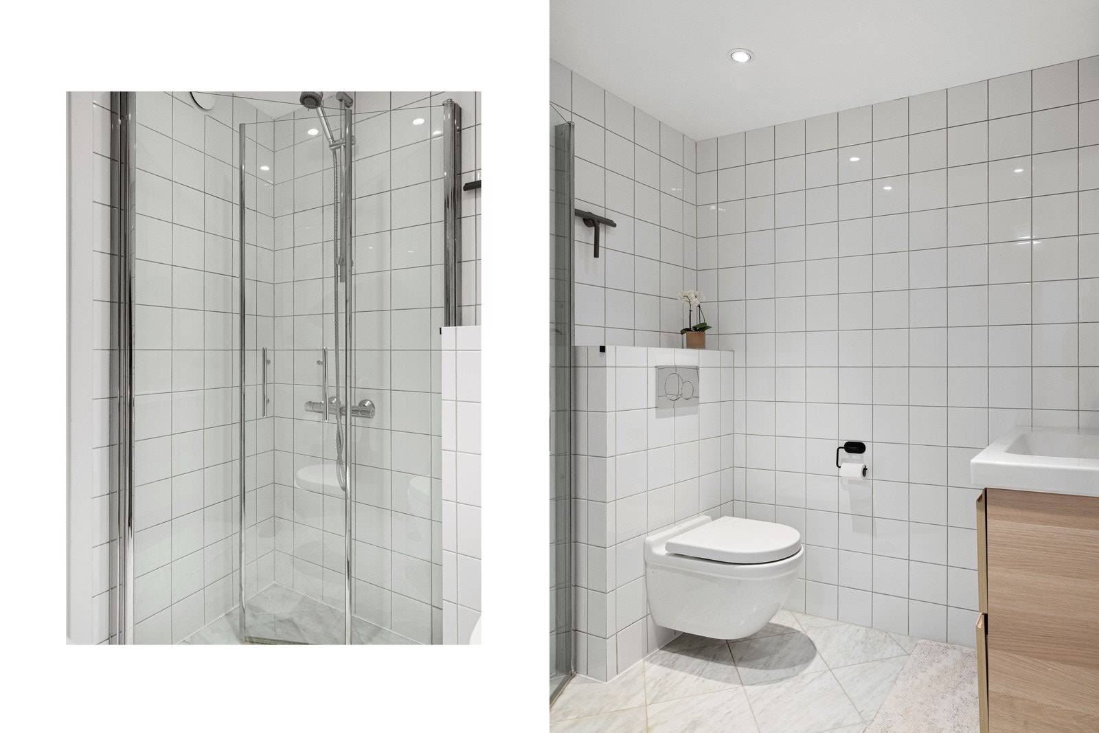 Innbydende baderom på ca. 3 m², opplyst å være fra 2013. Rommet inneholder varmekabler, servantskap med speil over, vegghengt toalett og dusjhjørne. Galleribilde