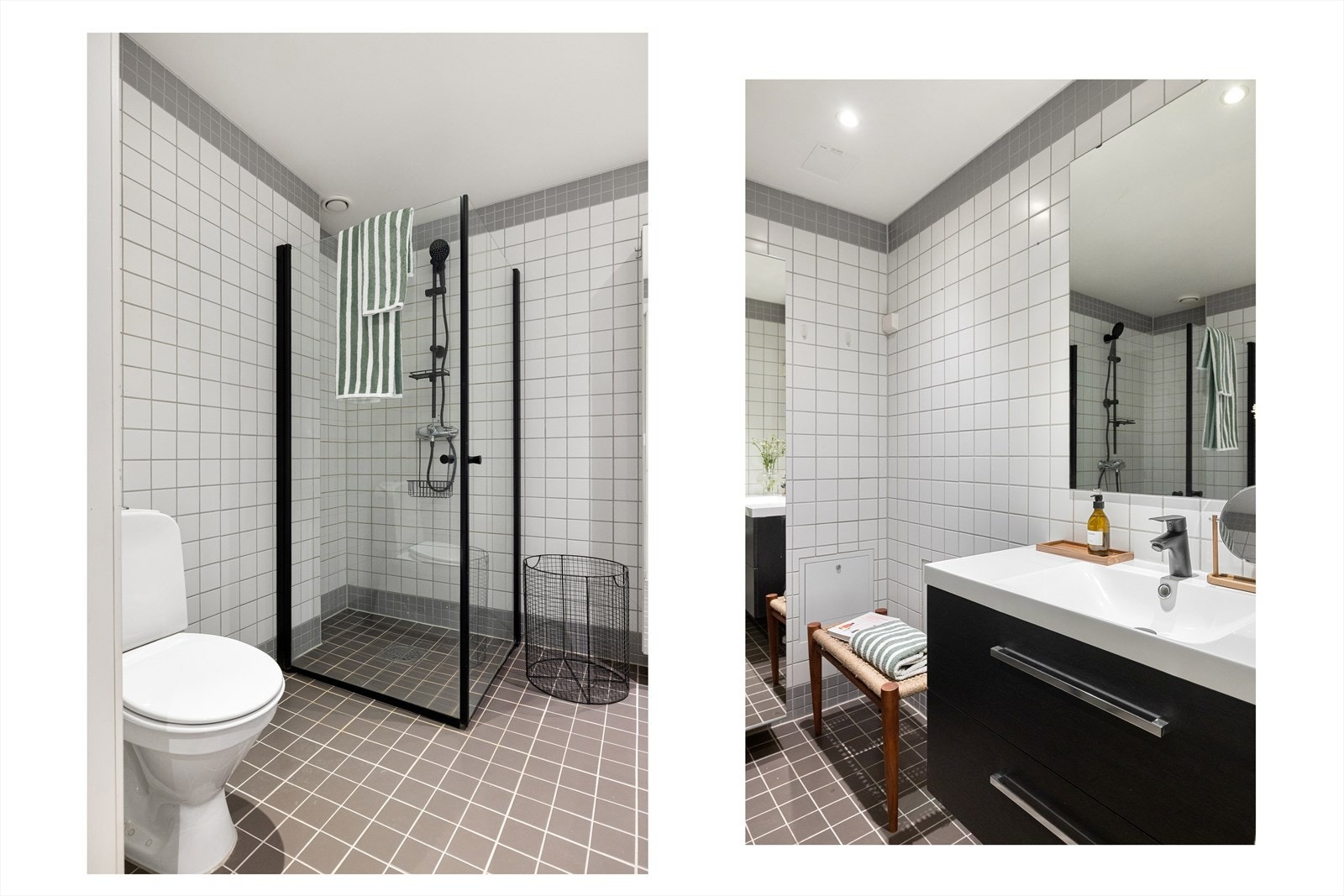 Badet inneholder dusjhjørne med innfellbare dører i glass, gulvstående toalett og baderomsinnredning med skuffer, servant med ett-greps blandebatteri og speil på vegg. Galleribilde