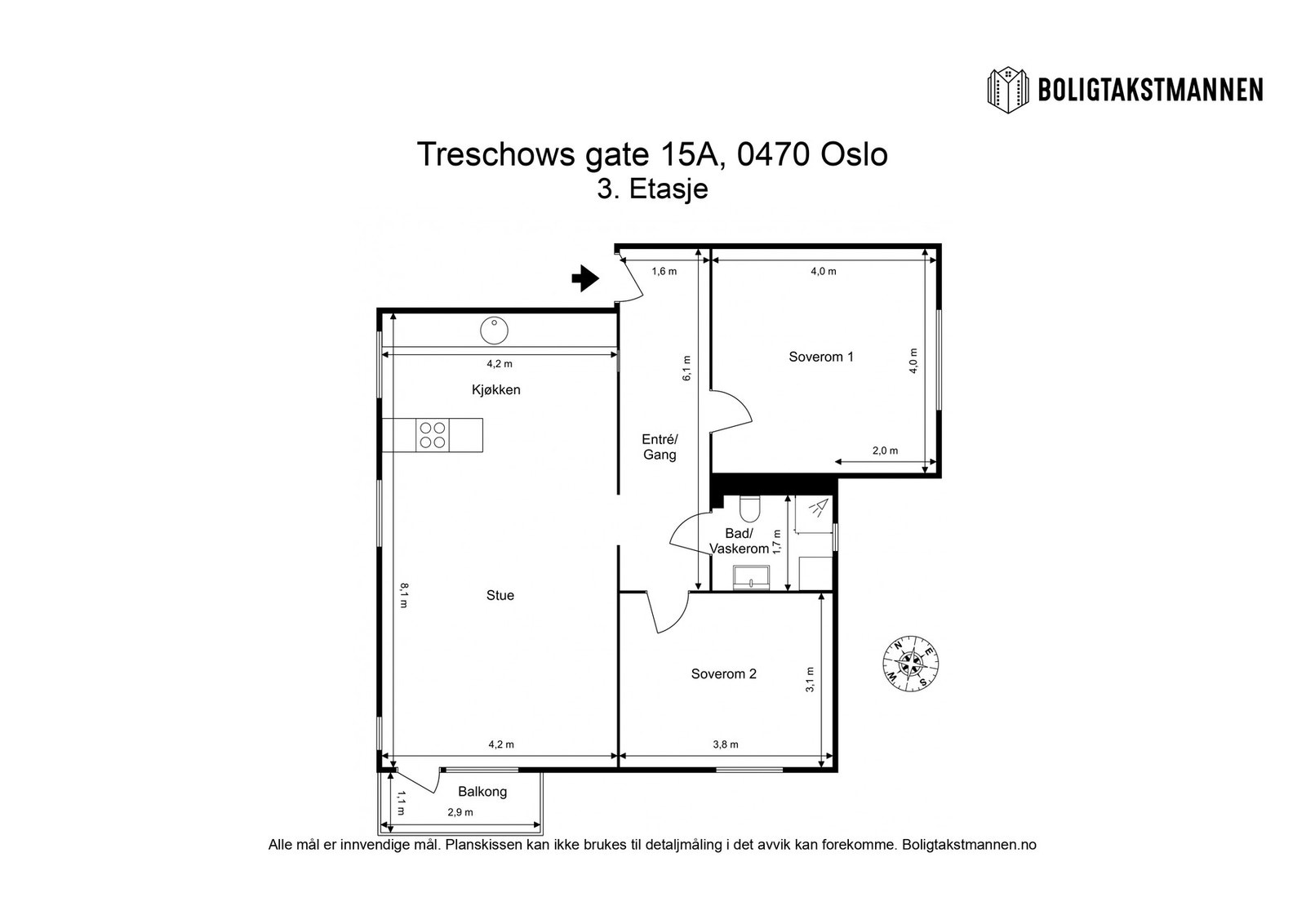 Plantegning. Leiligheten disponerer en loftsbod på ca. 9 m² og en kjellerbod på ca. 3,8 m². Galleribilde