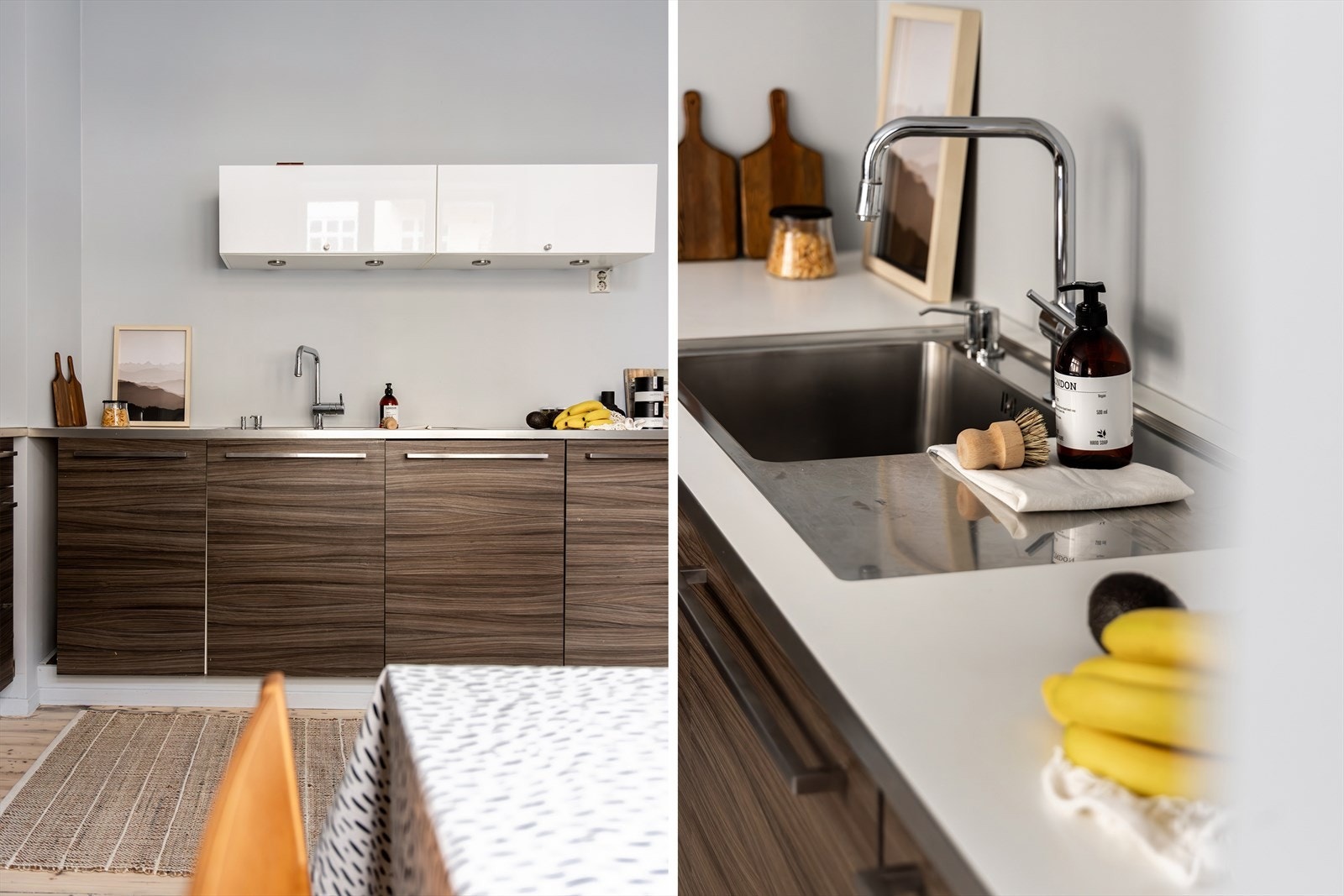 Kjøkkeninnredning fra 2015 med glatte overflater og benkeplate av laminat med nedfelt oppvaskkum. Galleribilde