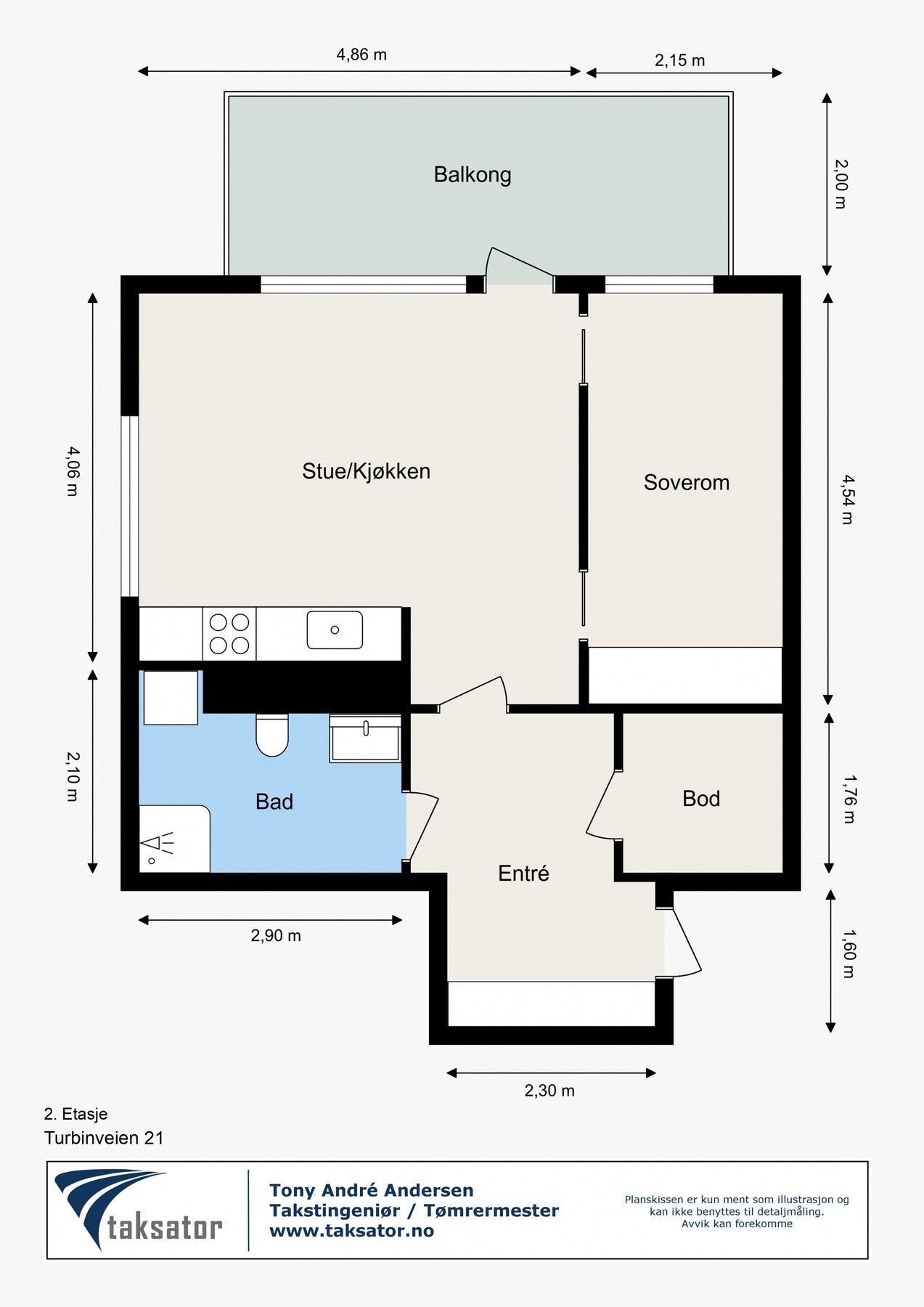Målsatt plantegning av leiligheten. I tillegg medfølger det en ekstern bod på ca. 6 kvm. Galleribilde