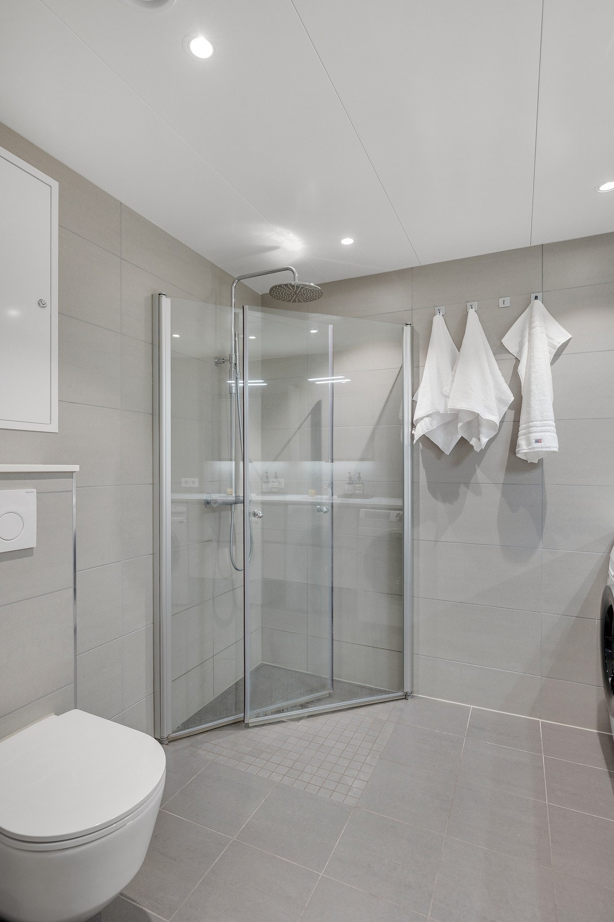 Innredning med vegghengt toalett og vegghengte dusjdører i glass Galleribilde