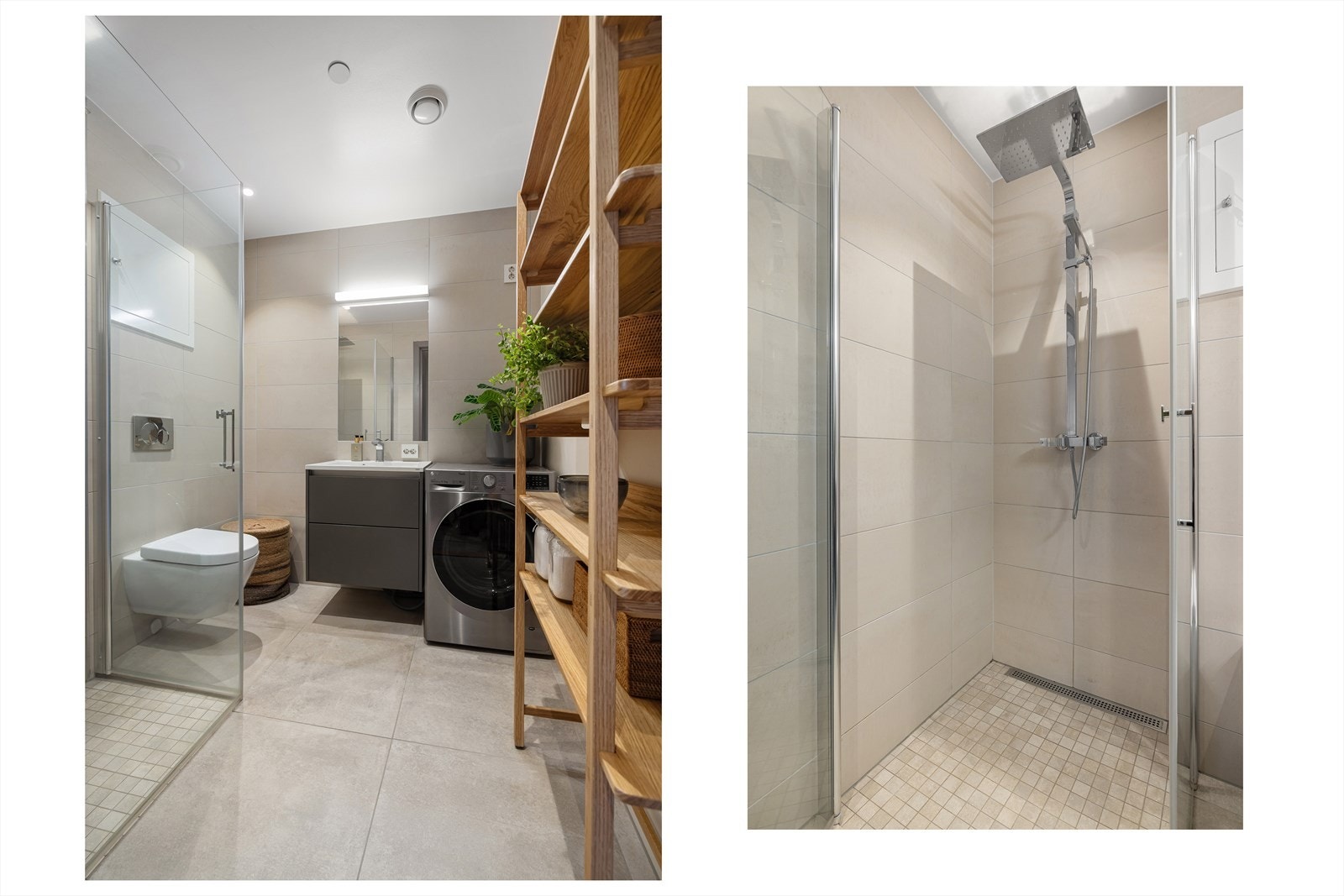 Badet inneholder dusjhjørne med innfellbare dører i glass, vegghengt toalett og baderomsinnredning med skuffer, servant med ett-greps blandebatteri og speil på vegg. Galleribilde