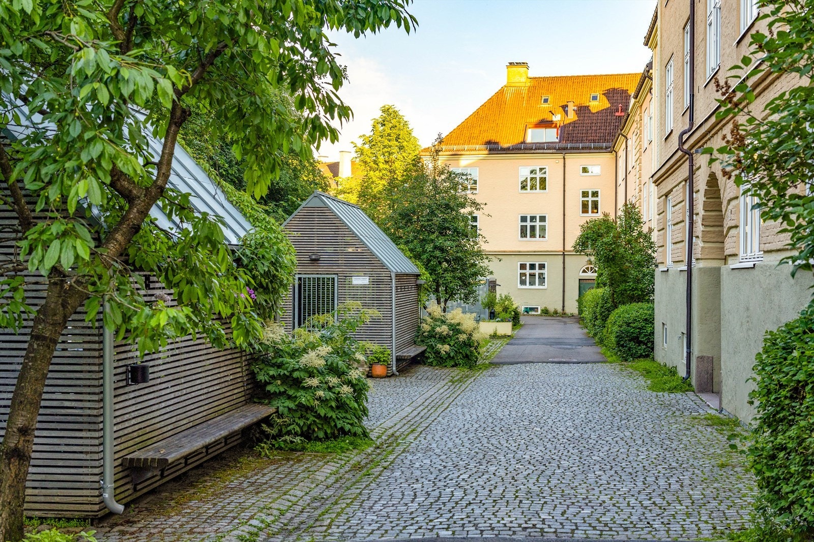 Utrolig flott bakgård, med mange sittegrupper, grill, sykkelskur, tørkerom, fotballbane, plantekasser, bordtennisbord mm. Galleribilde
