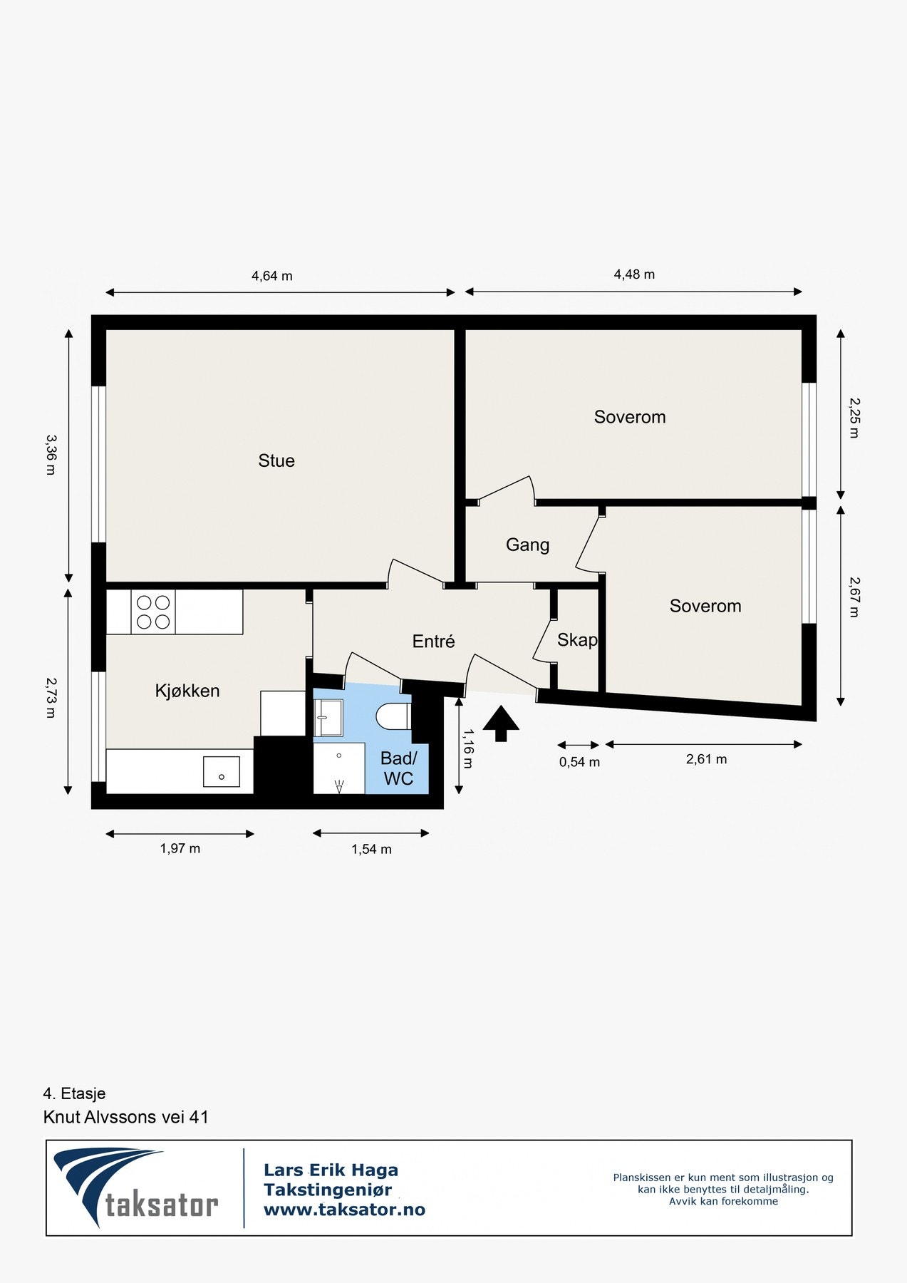Leiligheten inneholder: Stue, separat kjøkken, 2 stk. soverom, bad/wc og entrè. I tillegg disponerer boligen en kjellerbod på 7 kvm. Galleribilde