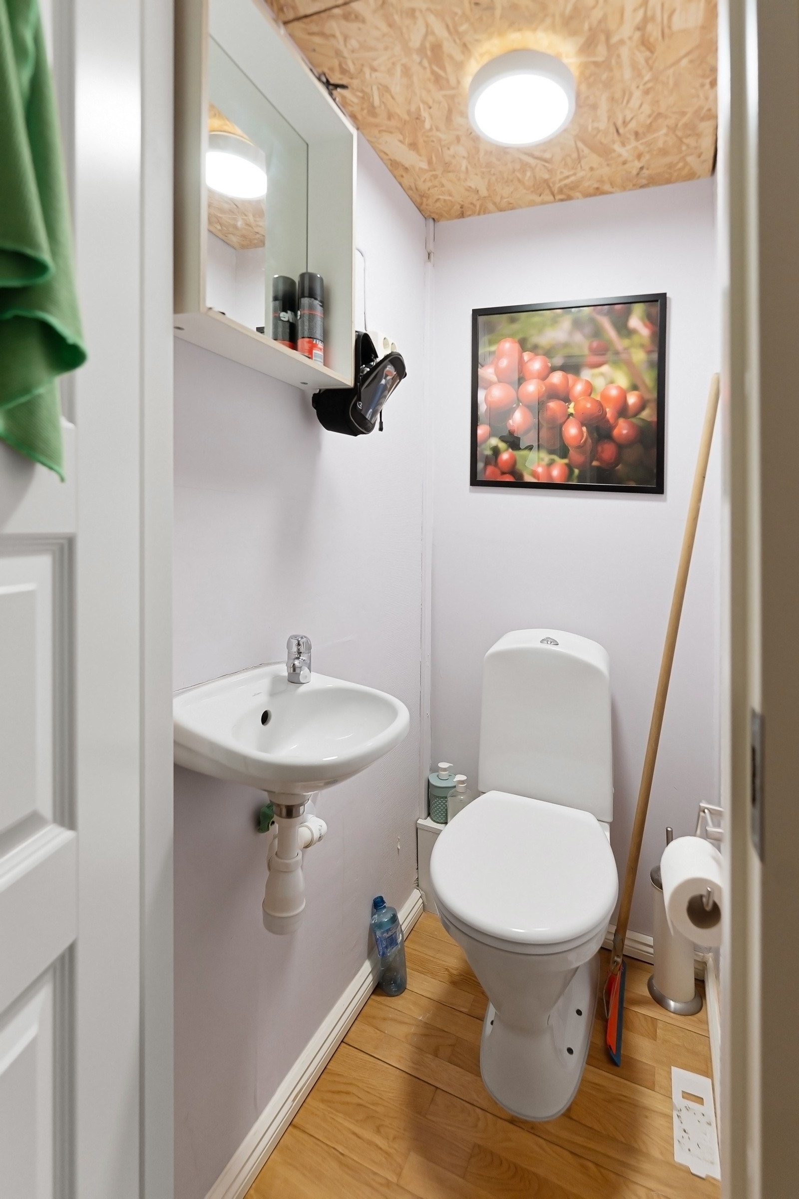 Toalettrommet i hoveddelen har eikeparkett på gulvet og malte veggflater. Innredningen består av et toalett, servant og speilhylle. Galleribilde