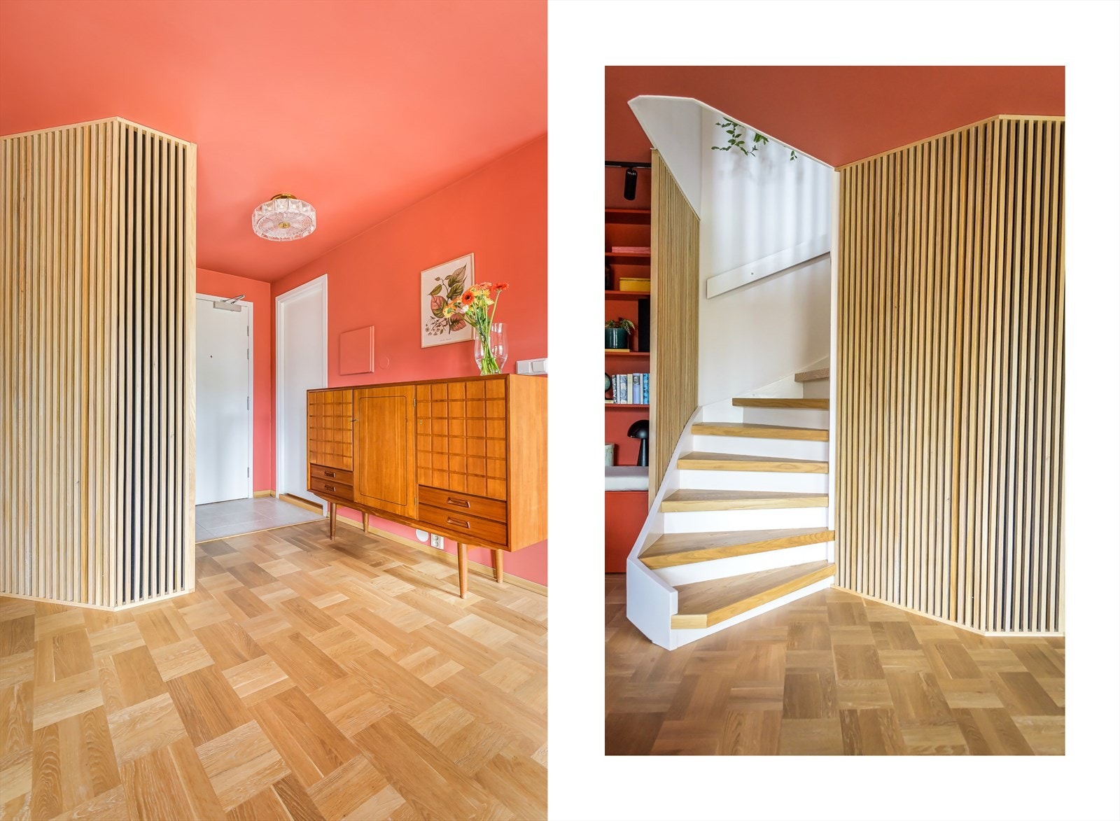 Spileveggene ved trappen og entréen er plassbygget av separate eikespiler, og de naturlige materialene harmonerer godt med de spreke fargene. Galleribilde