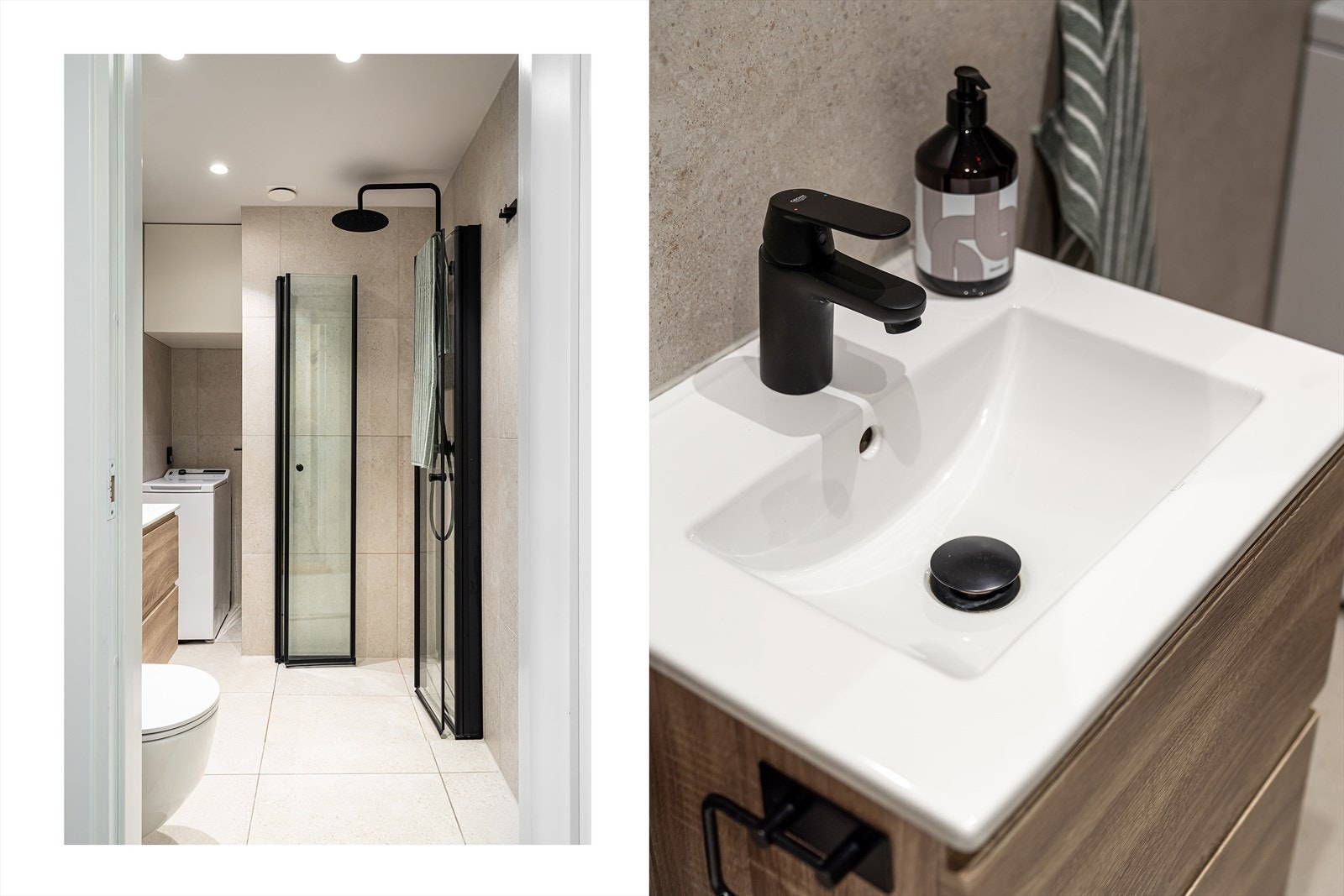 Her finner du servantinnredning, vegghengt toalett, dusjhjørne og opplegg for vaskemaskin. Galleribilde