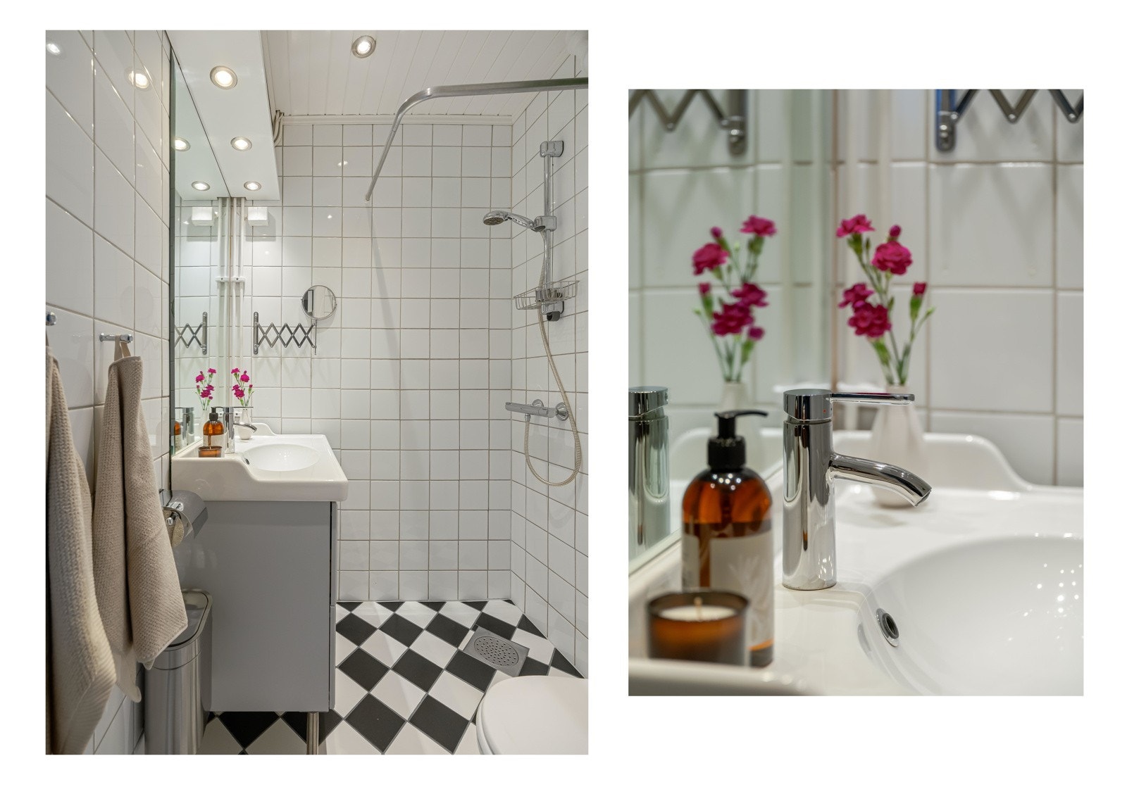 Fra entreen finner vi det flislagte badet. Her er det både downlights i himling og varme i gulvet. Galleribilde