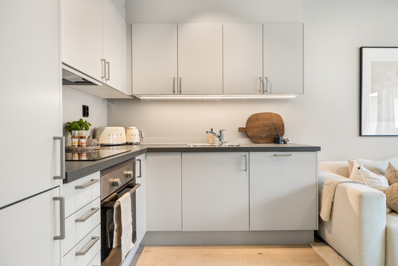 Det er glatte flater, håndtak i stål og benkeplate i laminat. Galleribilde