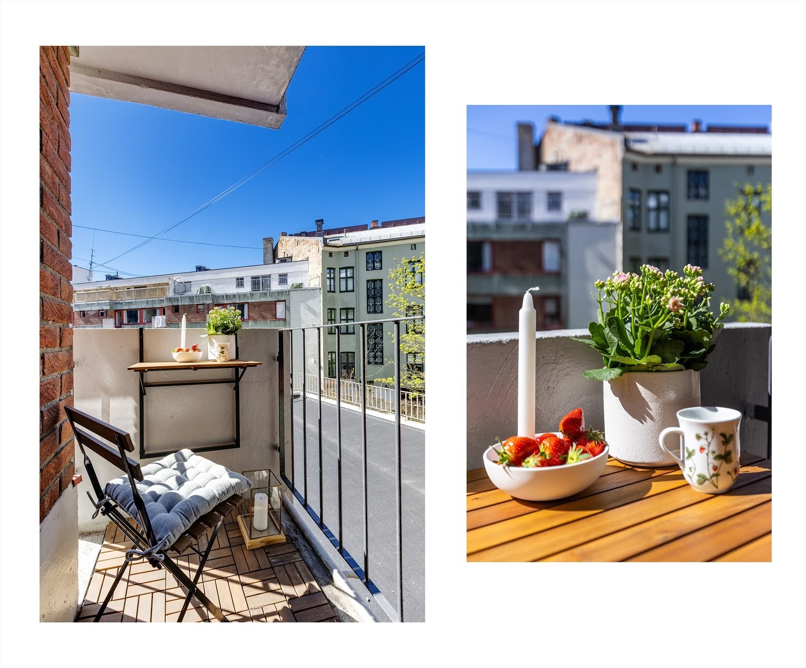 Balkongen er på 1,2 m² hvor det er plass til et bord og to stoler. Galleribilde