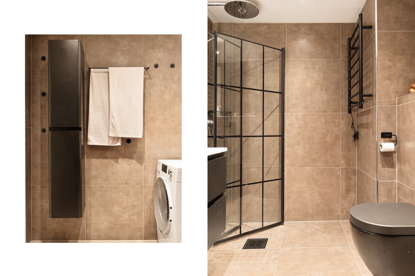 Badet er innredet med varmekabler i gulv, dusjnisje med svingbare glassdører og termostatstyrt dusjbatteri i krom med både hånddusj og regnfallsdusj. Galleribilde