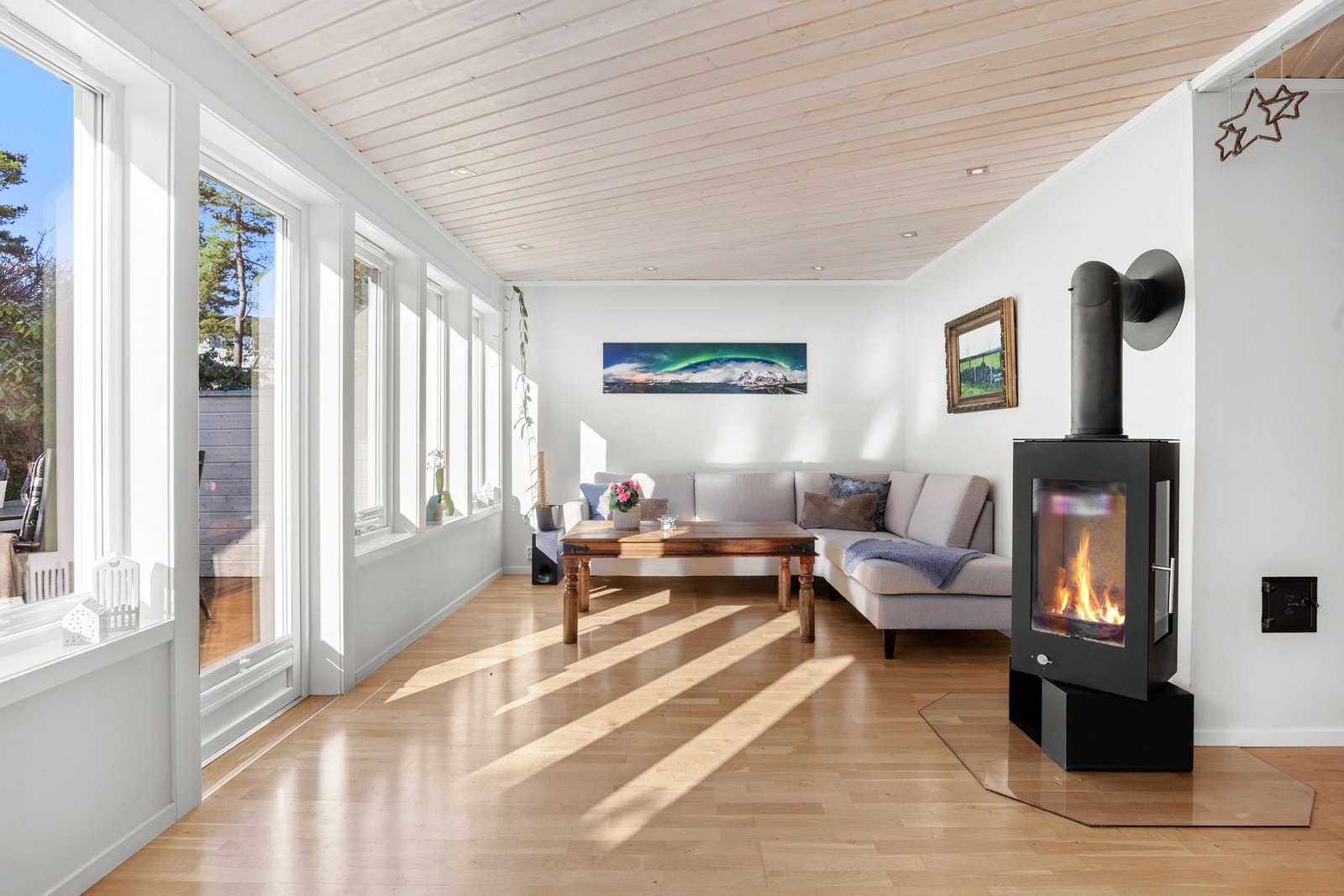 God plass med egen sone for sofagruppen. Praktisk roterende peis med mulighet for å styre varmen. Galleribilde