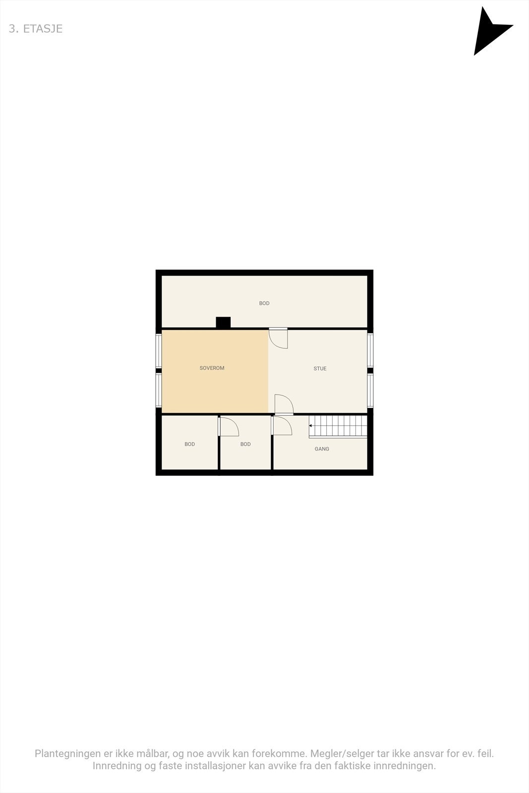 Lofts etasje. Disse arealene er ikke måleverdig og ikke medregnet i arealbeskrivelsen, det er romslige boder på begge sider. Galleribilde