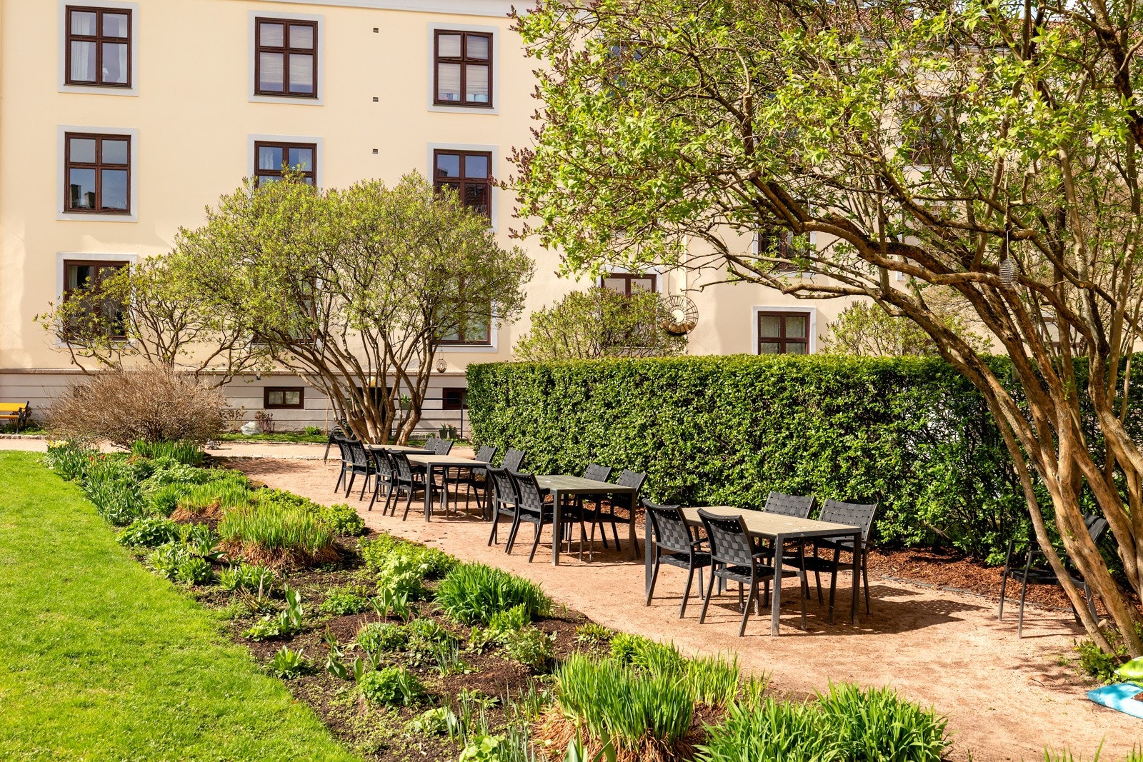 Her finner du frodige plener, blomstrende bed, hyggelige sittegrupper og fellesgriller Galleribilde