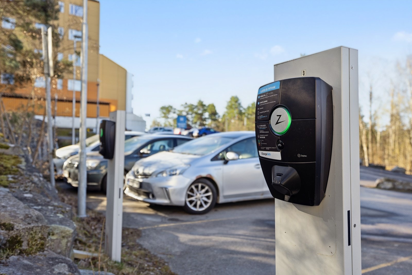 Det er godt med gjesteparkeringer og mulighet for å lade bilen. Galleribilde