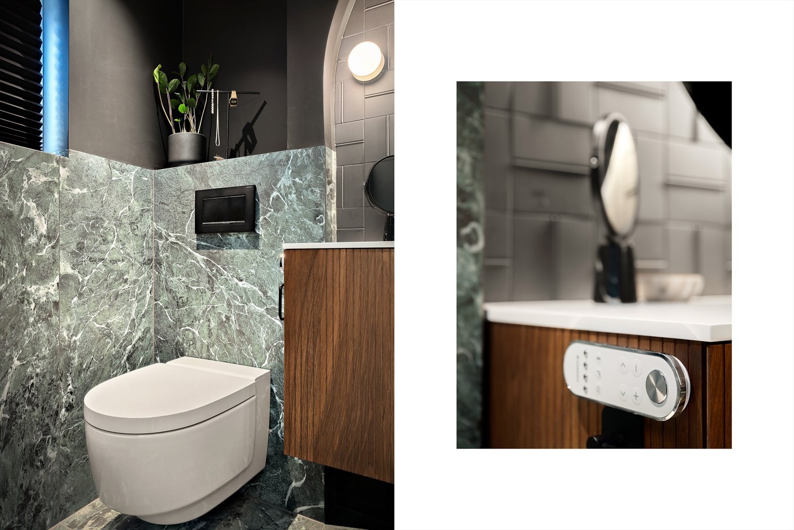 Servantskapet har fjernkontroll for toalettfunksjoner diskret integrert i siden - en løsning som kombinerer komfort og design på en elegant måte. Galleribilde