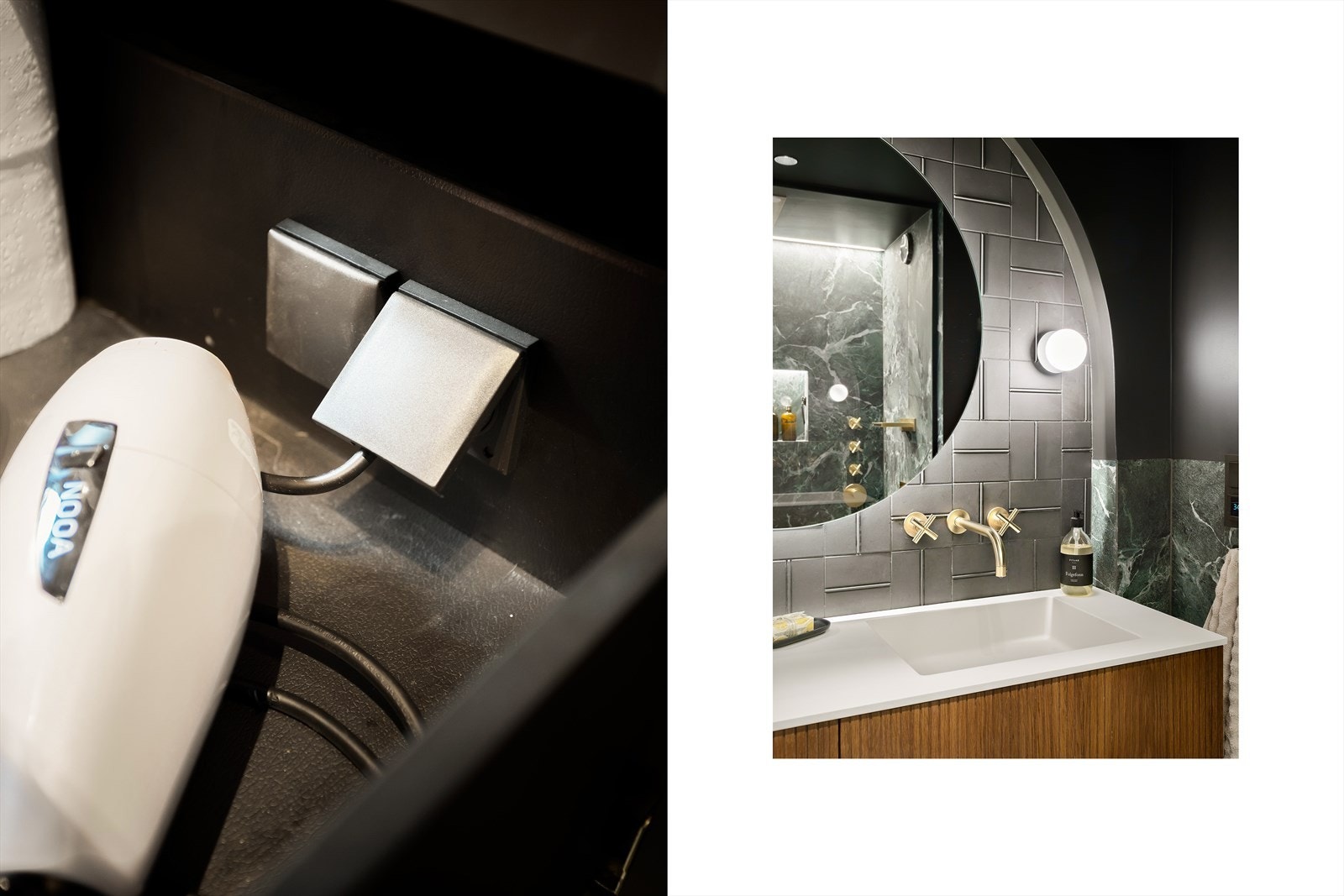 Det brede servantskapet kombinerer naturlig trefinér med moderne linjer og god oppbevaringsplass. Galleribilde