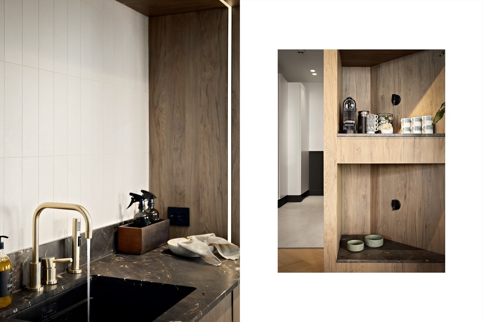 Underlimt sort vaskekum i kompositt og ettgreps blandebatteri i messing fra Dorn Bach, med avtagbar spylekran. Galleribilde