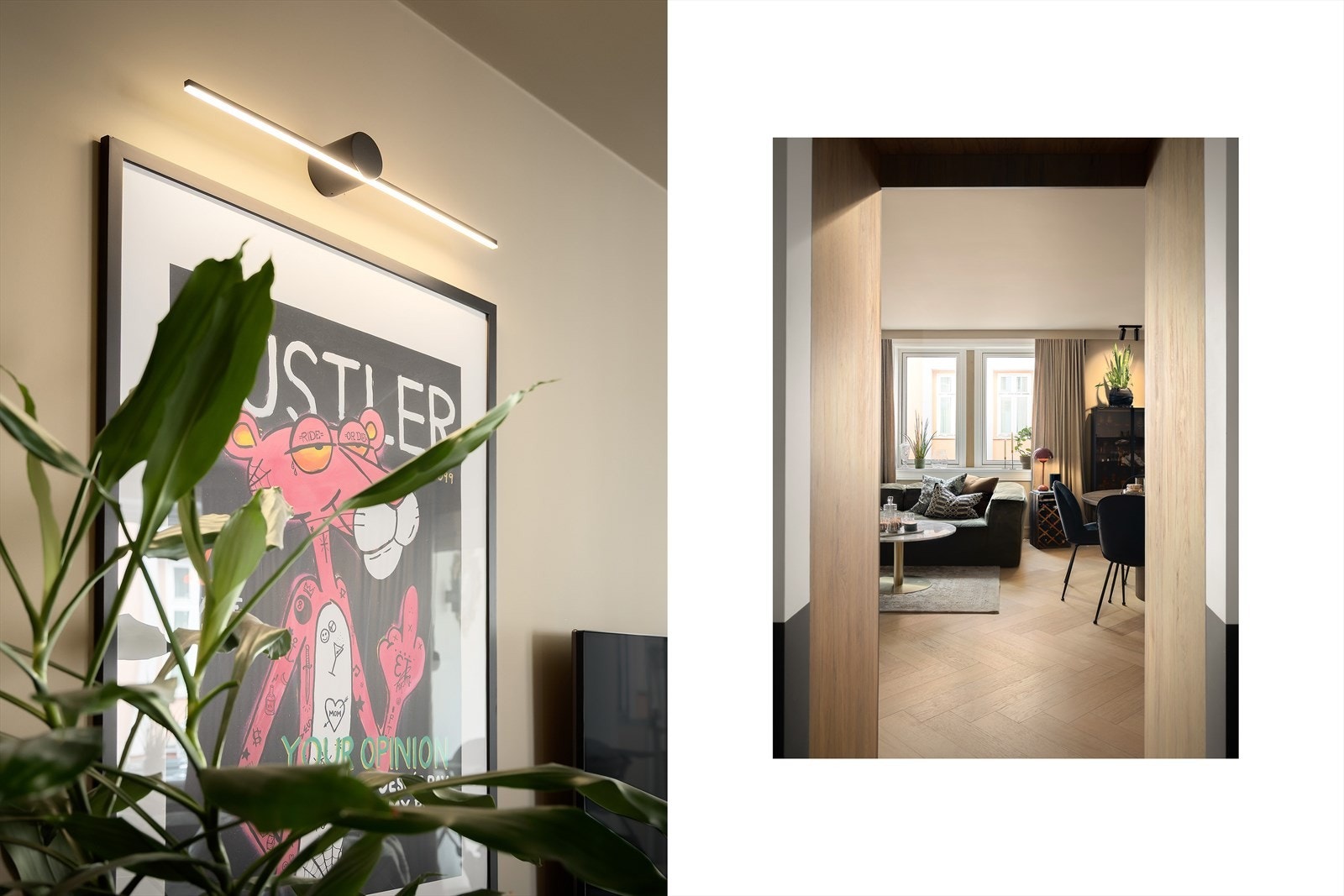 Leiligheten er utstyrt med Plejd smartstyring for lys, som gir fleksibilitet og et moderne preg. Galleribilde