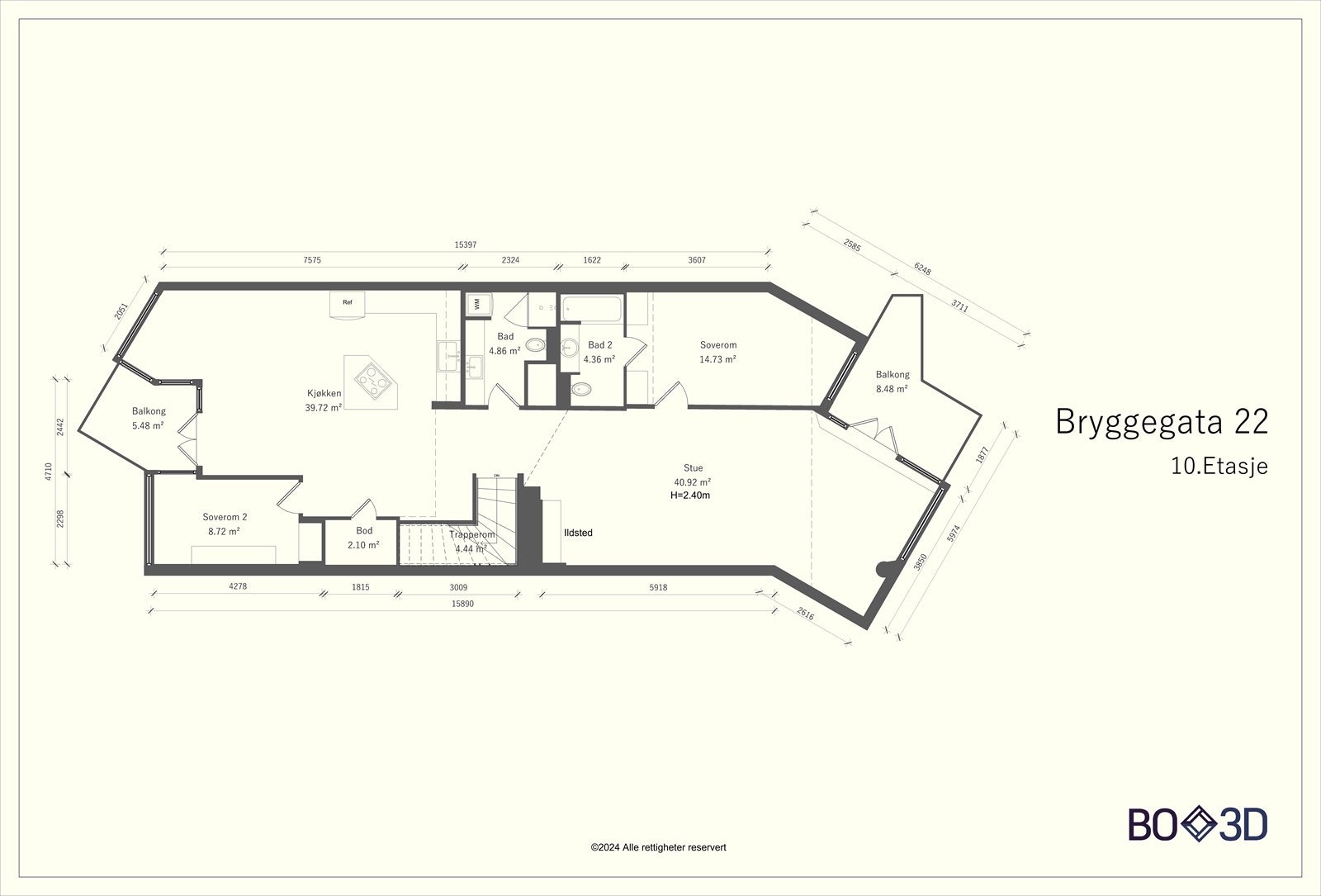 I 10.etg. finner du stue med peis og utgang balkong, kjøkken/spisestue med utgang balkong, 2 soverom, 2 bad og bod. Galleribilde