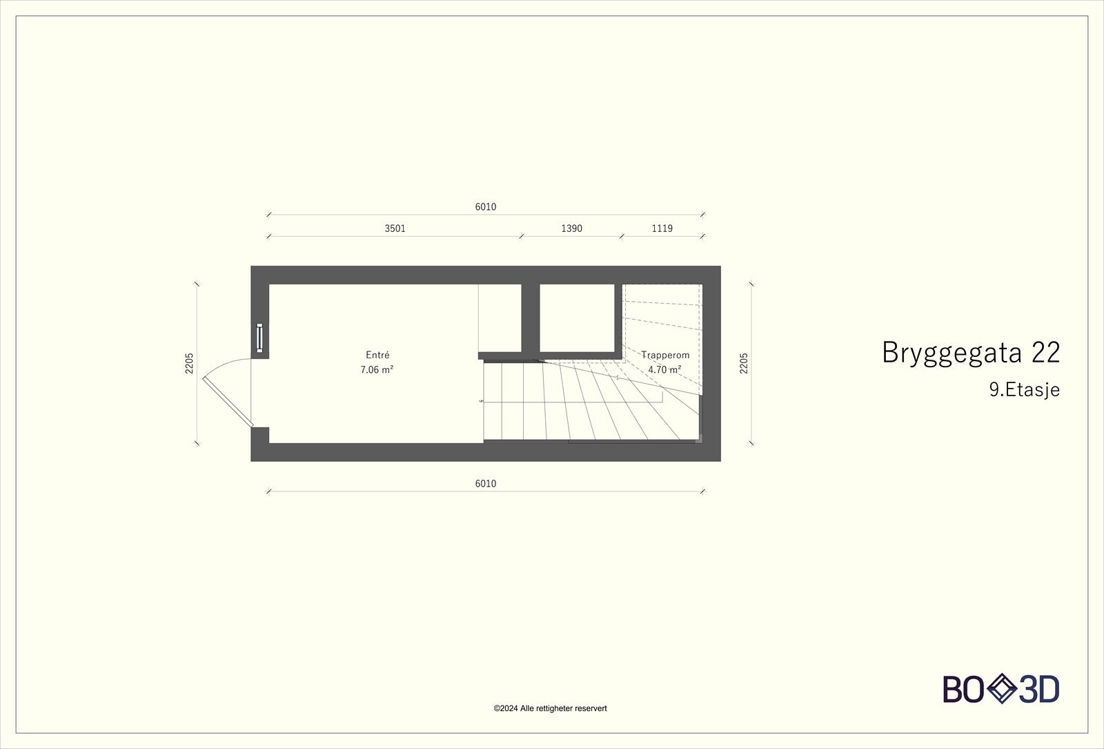 9.etg består av entré med garderobeskap og trapp opp til 10.etg. Galleribilde