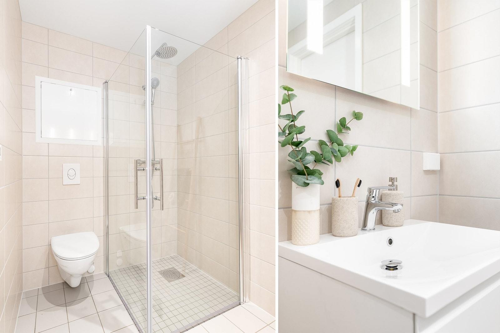 Dusjdørene kan svinges inn for å maksimere den tilgjengelige gulvflaten på badet. Galleribilde