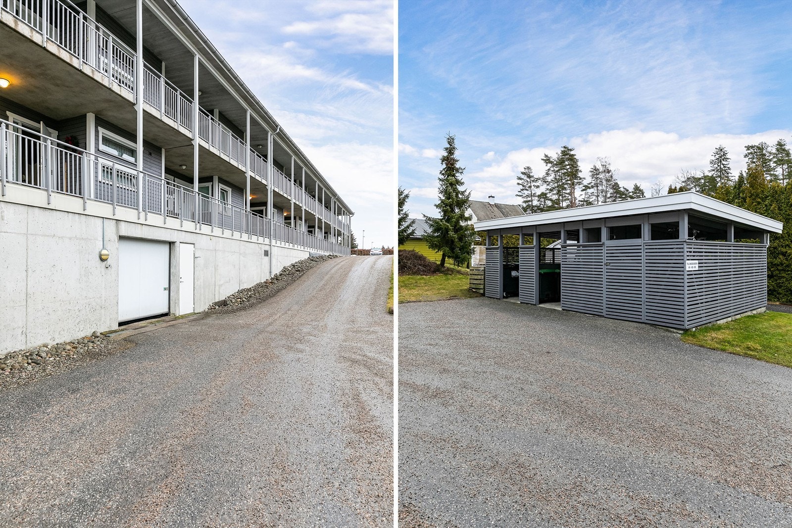 Til garasjeanlegget er det enkel inn- og utkjøring. Innhegning for restavfall rett utenfor porten. Galleribilde