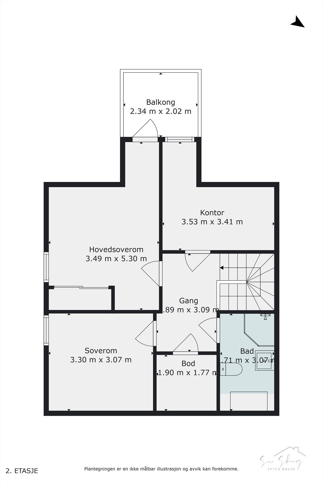 Plantegning i 2D av loftsetasje. Galleribilde