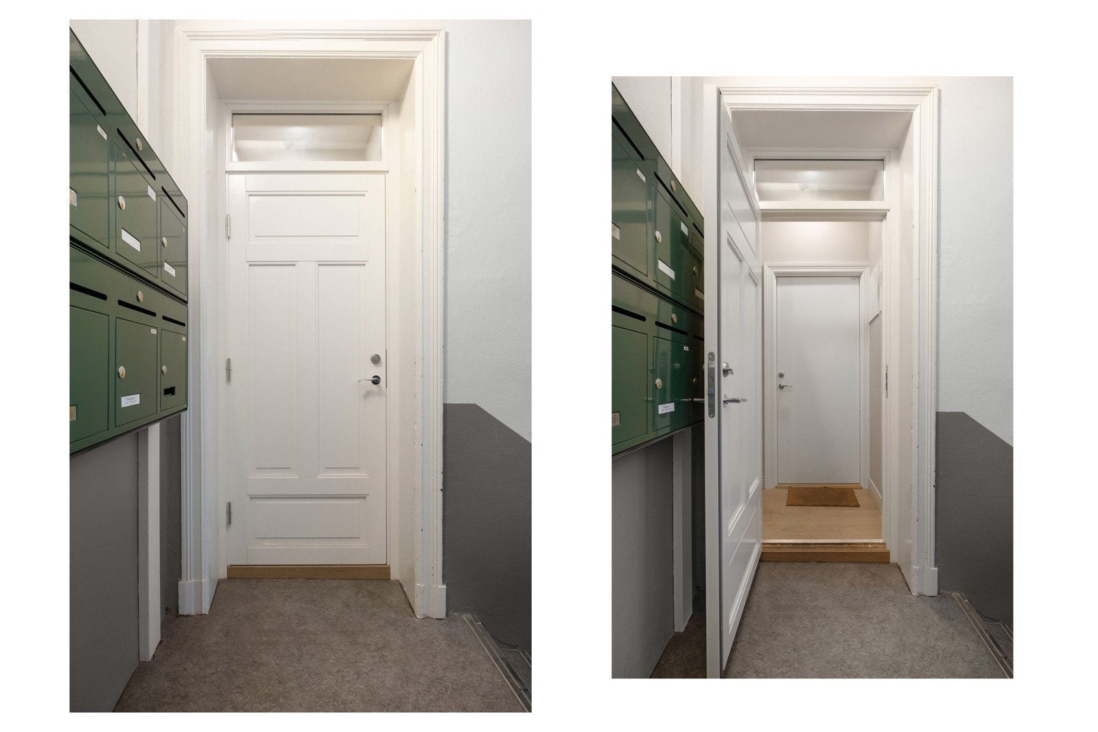 Trapperommene, portrom, postkasser m.m. er nylig rehabilitert. Det er montert nye, svært eksklusive inngangsdører produsert av Jømna Brug i samme stil som fra byggeåret. Galleribilde