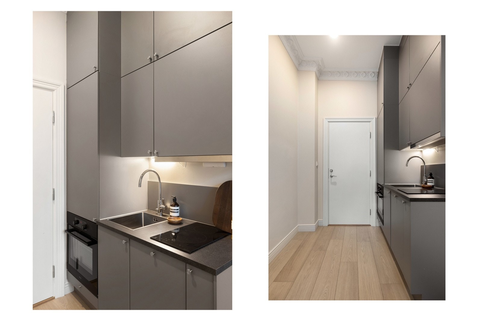 Nytt og lekkert kjøkken fra 2022. I hybel er kjøkken bygget høyt for å utnytte all lagringsplass. Galleribilde