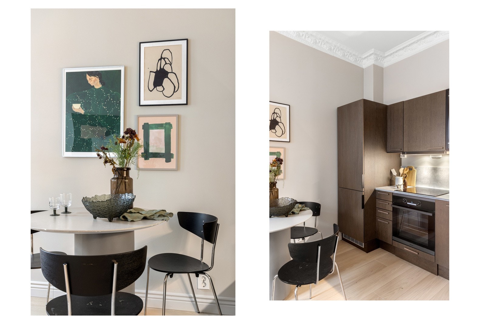 Det er nydelig stukkatur og rosett på kjøkkenet. Sammen med takhøyden på 3 meter gir dette rommet en svært god atmosfære. Galleribilde