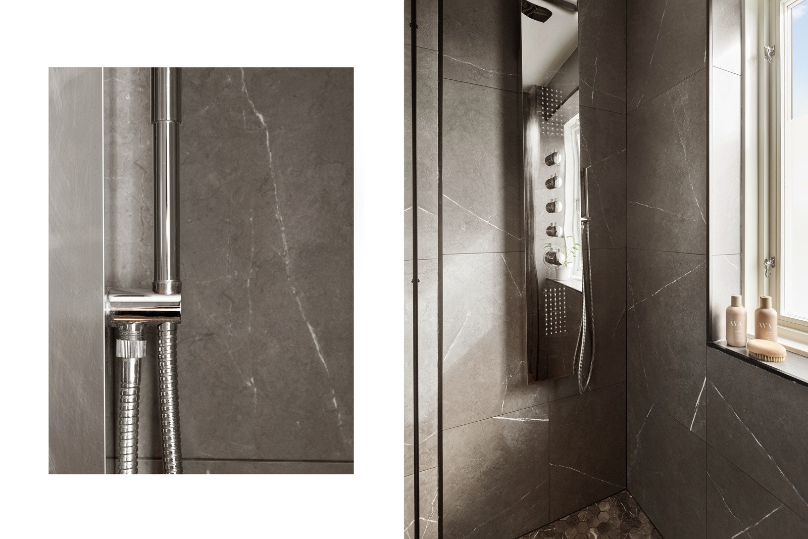 Stilren innredning, stort dusjhjørne og plass til både vaskemaskin og tørketrommel Galleribilde