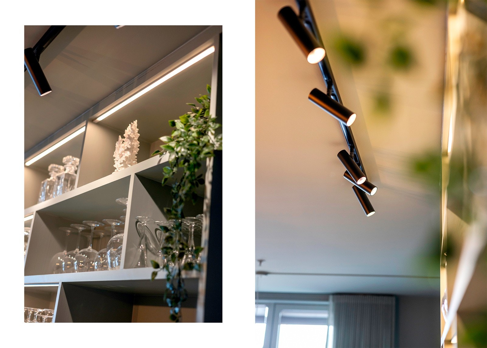 Ved spisestuesonen er det plassbygde hyller med integrert belysning som skaper et spennende uttrykk til rommet. Galleribilde