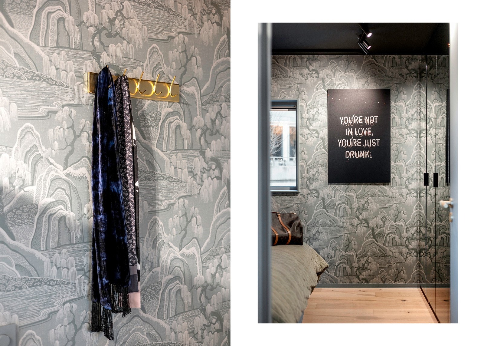 Soverommet har en lekker tapet med landskapsmotiv i kunstnerisk design og delikate fargetoner. Galleribilde