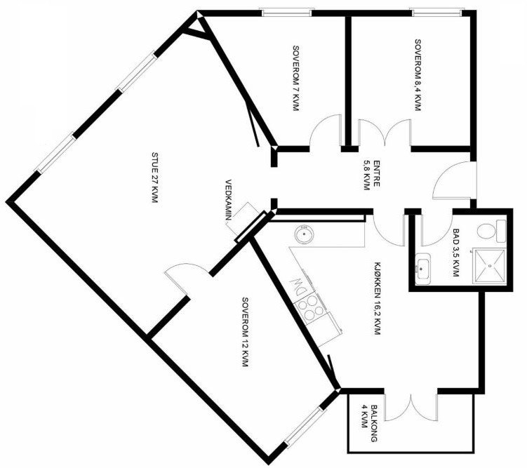 ALTERNATIV løsning med tre soverom (Andre leiligheter i bygget har denne planløsning) Galleribilde