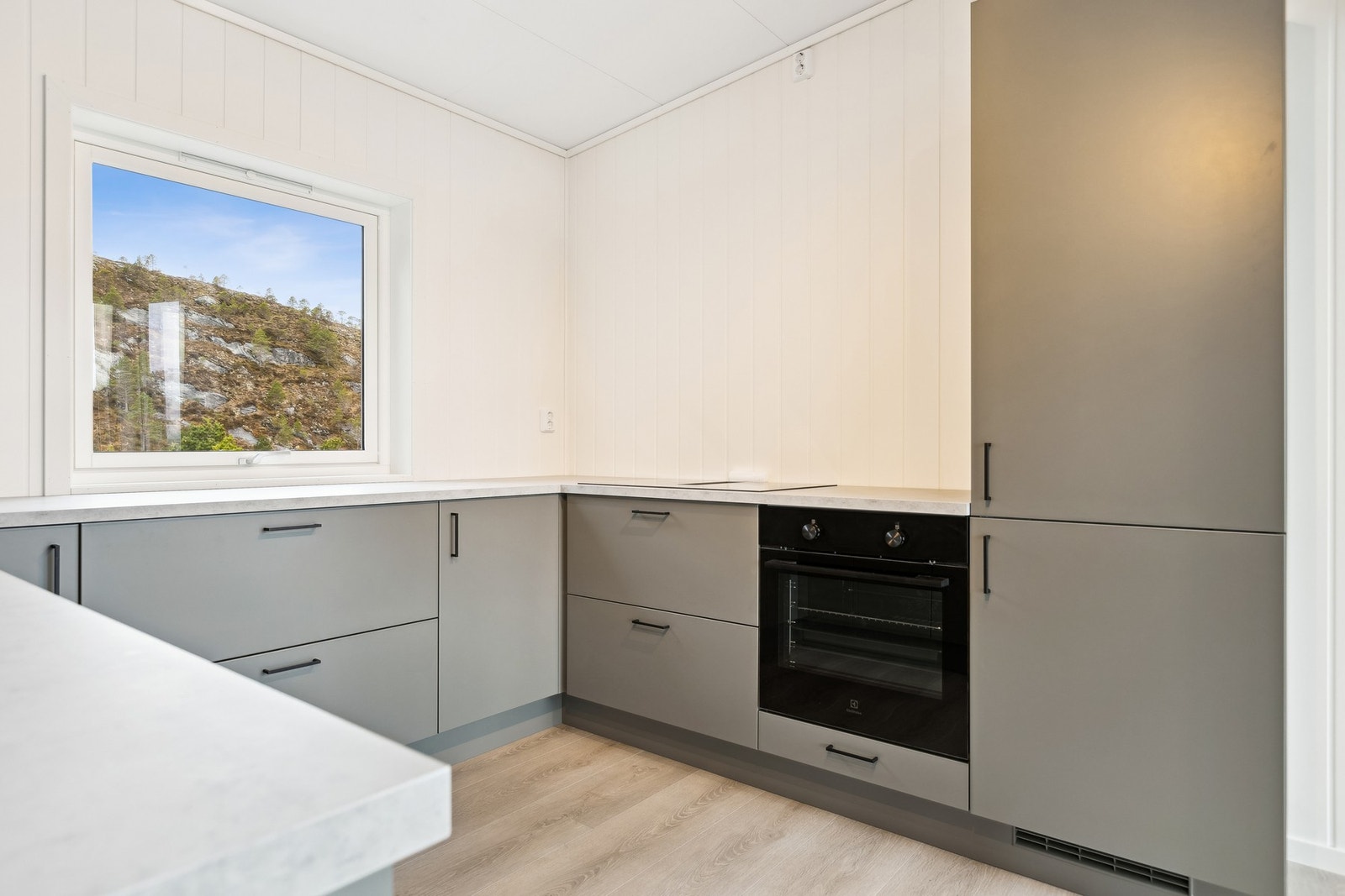 Kjøkkenet er utstyrt med integrert stekeovn, platetopp, oppvaskmaskin og kjøleskap med fryser. Galleribilde