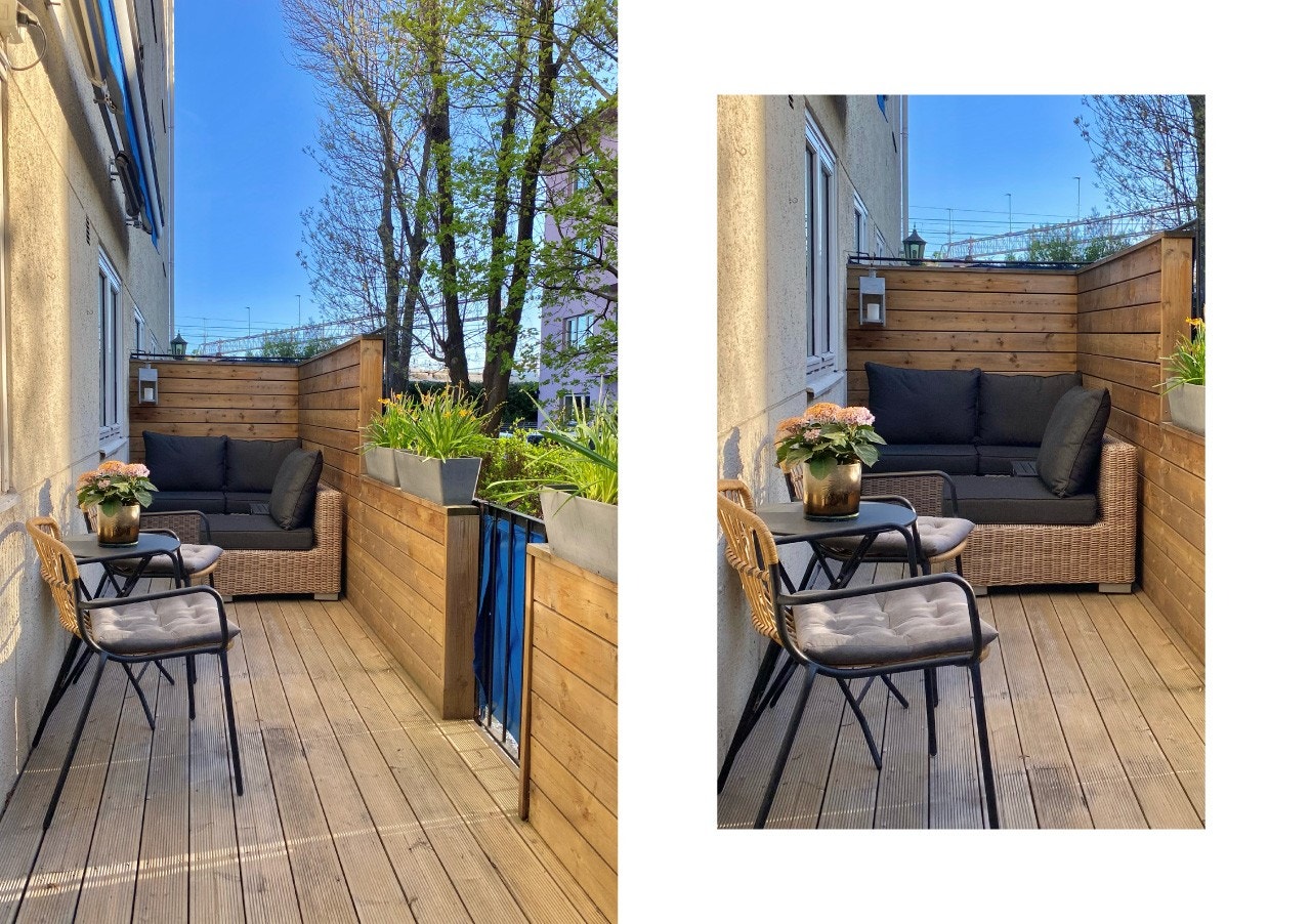 Vestvendt terrasse på 10 kvadratmeter med utgang fra stue Galleribilde