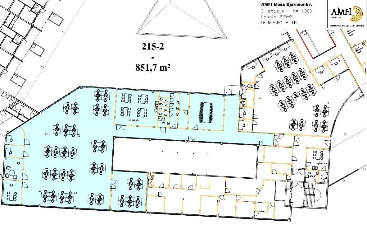 Blått viser delt areal på 852 kvm Galleribilde